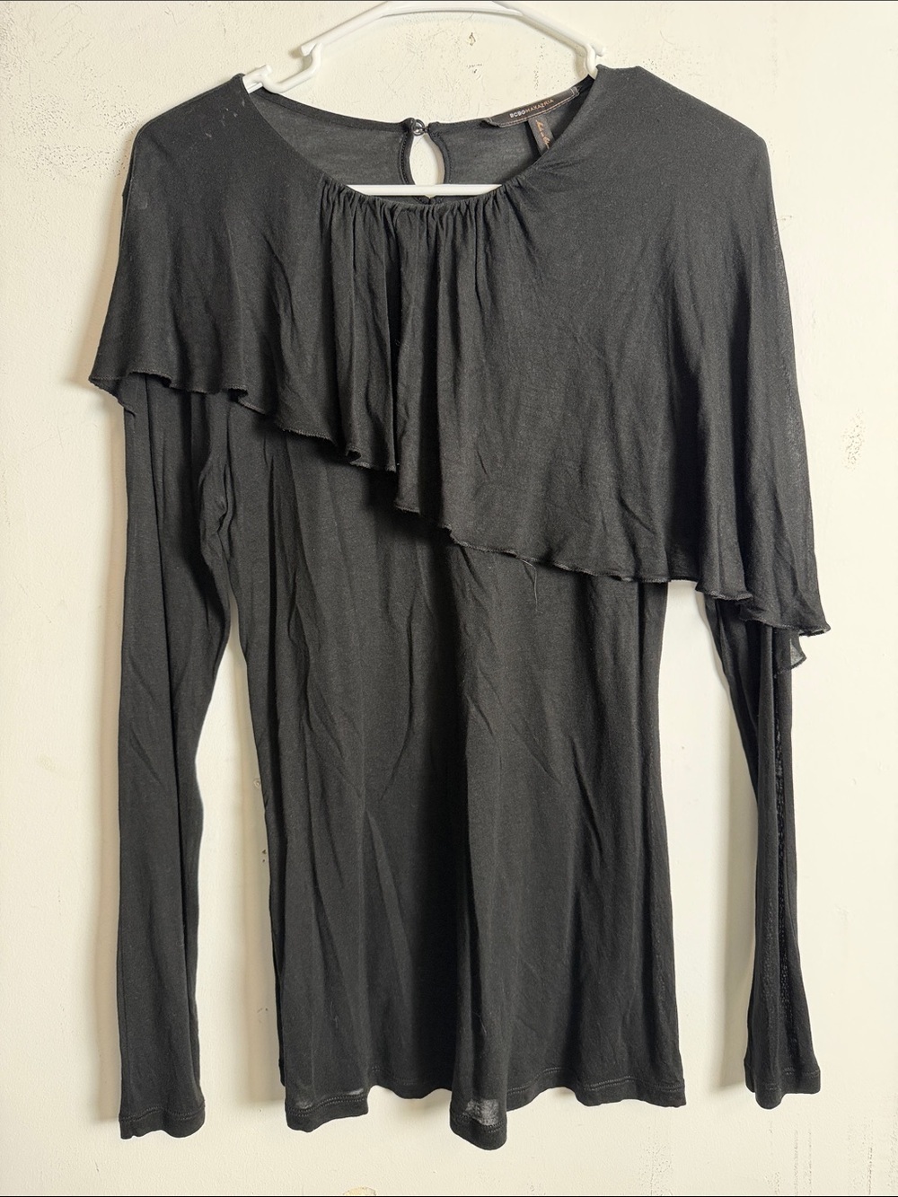 BCBGMaxAzria Black Long-Sleeve Ruffled Overlay Top